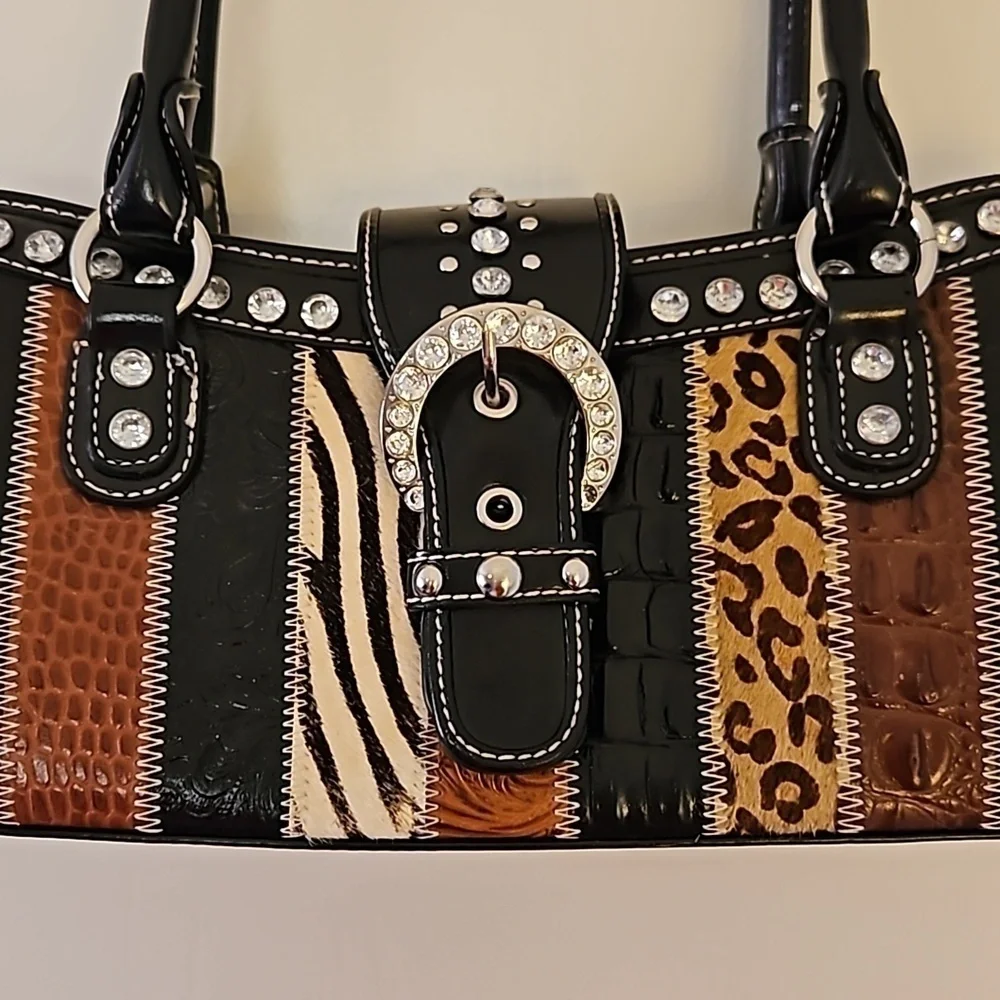 Vintage 1990s Mixed Animal Print Rhinestone Buckle Leather Baguette Satchel Bag